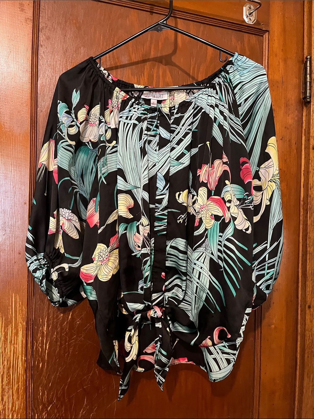 Jennifer Lopez Black Tropical Floral Tie-Front Blouse
